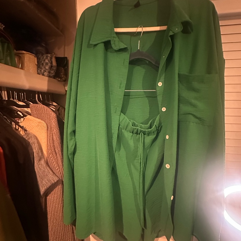 Green Button-Up Shirt and Shorts Set